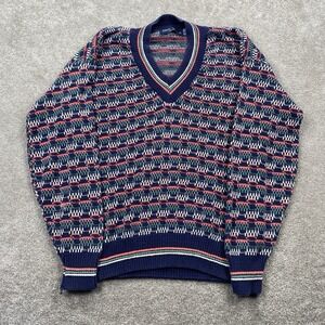 VTG John Weitz Men's Knit Sweater Size L Geometric Striped V Neck Blue Made USA